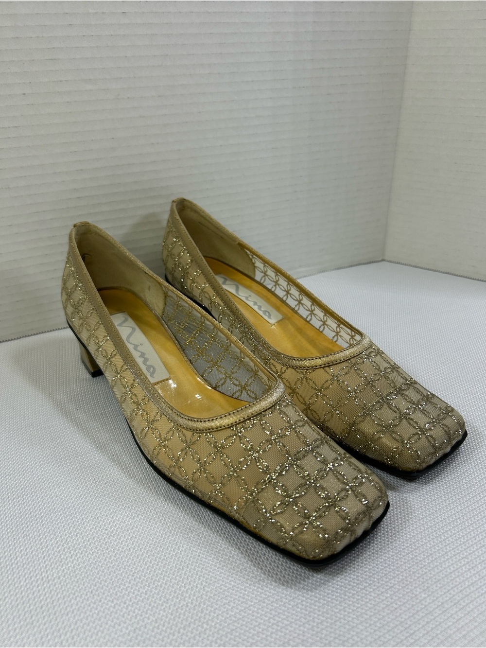 Nina Samson-TM Brush Gold Mesh Embroidered Block Heel Pumps Women’s 8M